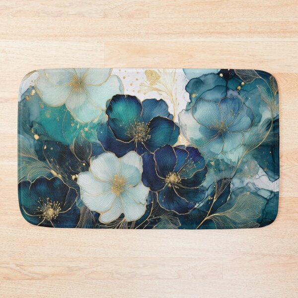 Item preview, Dark teal blue and gold VINTAGE FLOWERS 2, teal and white wildflower watercolour garden, deep teal alcohol ink effect, blue-green floral spring painting  designed and sold by navitalidesign.