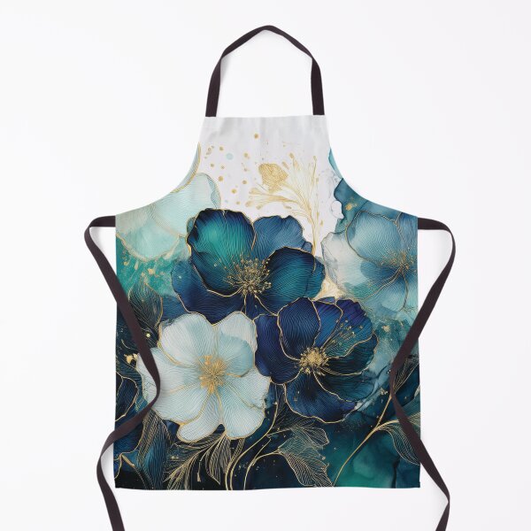 Item preview, Dark teal blue and gold VINTAGE FLOWERS 2, teal and white wildflower watercolour garden, deep teal alcohol ink effect, blue-green floral spring painting designed and sold by navitalidesign.