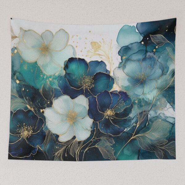 Item preview, Dark teal blue and gold VINTAGE FLOWERS 2, teal and white wildflower watercolour garden, deep teal alcohol ink effect, blue-green floral spring painting  designed and sold by navitalidesign.