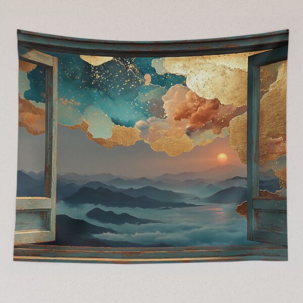 Item preview, Cosmic Mountain Window – Dreamcore Horizon in Gold designed and sold by SteadyRolling.