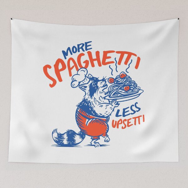 Artikelvorschau, Mehr Spaghetti, weniger Upsetti: Lustige Waschbär-Pasta-Kunst entworfen und verkauft von The Whiskey Ginger Design Shop.