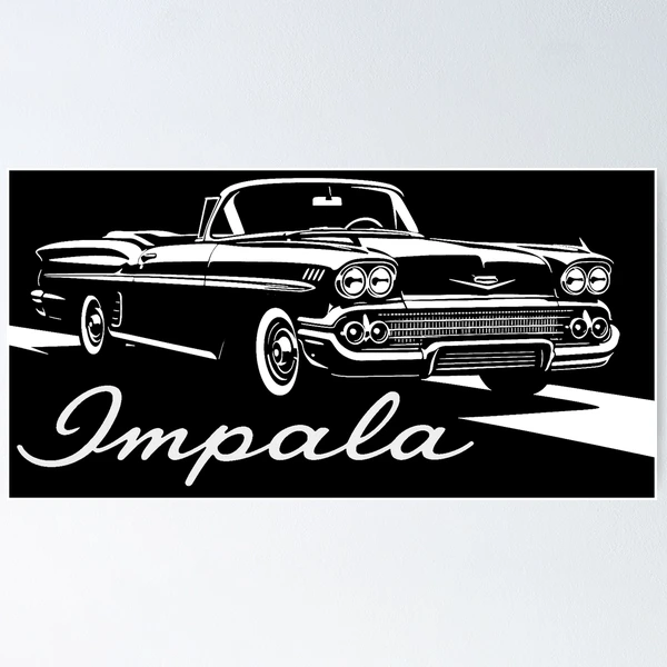 1958 Chevy Impala Convertible Black and White Classic Art