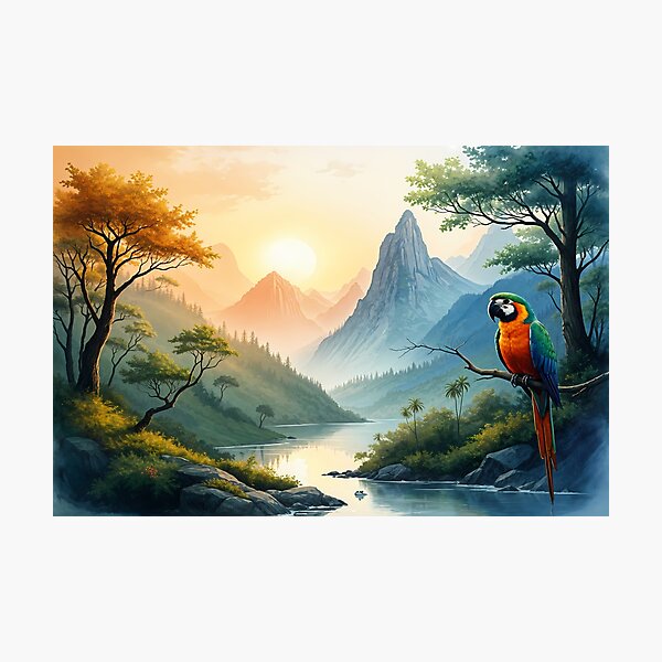 Item preview, Parrot on Branch in Misty Jungle  designed and sold by JumpJammiesTees.