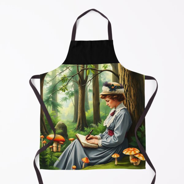 Item preview, A vintage lady journaling sitting in the woods among funghis designed and sold by EmeraldeaArt.