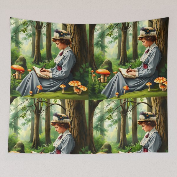 Item preview, A vintage lady journaling sitting in the woods among funghis designed and sold by EmeraldeaArt.