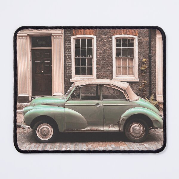 Item preview, London, England I Vintage retro car on a street with urban industrial architecture and brick facade with the nostalgic aesthetic of a picturesque authentic British street urban city landscape designed and sold by Julie Travel Photography.