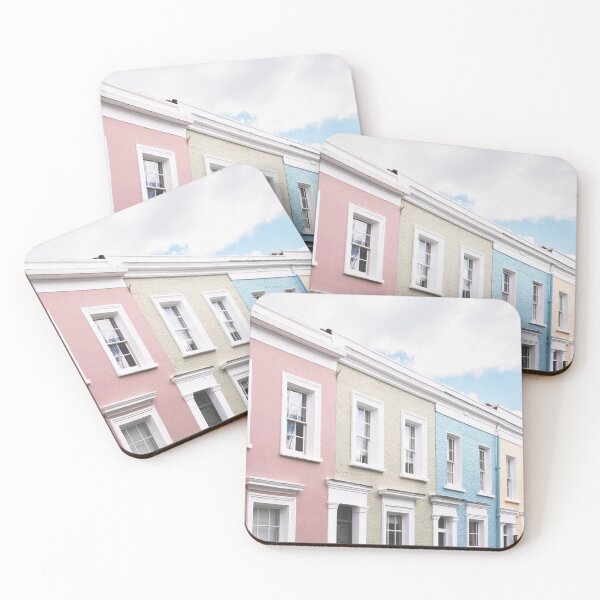 Item preview, London, England I Facades of pastel colored houses in Notting Hill with its emblematic architecture Victorian British charm and retro vintage aesthetic in London sun light with minimalist geometric designed and sold by Julie Travel Photography.