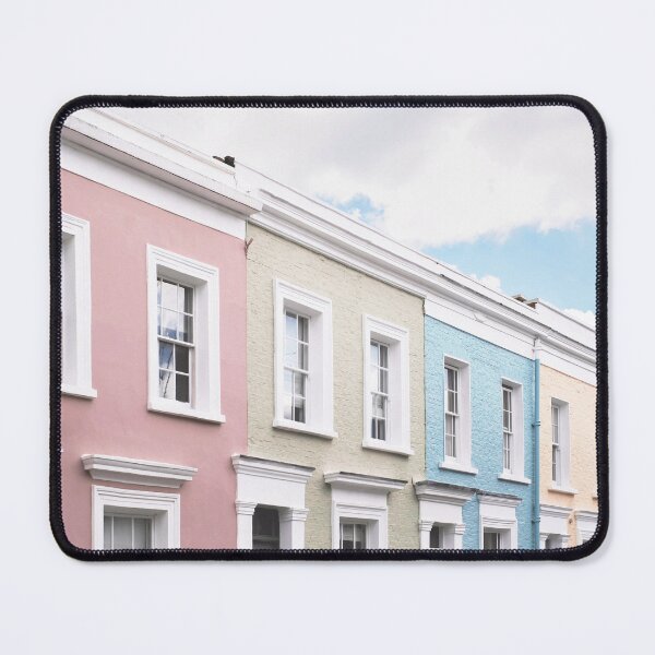 Item preview, London, England I Facades of pastel colored houses in Notting Hill with its emblematic architecture Victorian British charm and retro vintage aesthetic in London sun light with minimalist geometric designed and sold by Julie Travel Photography.