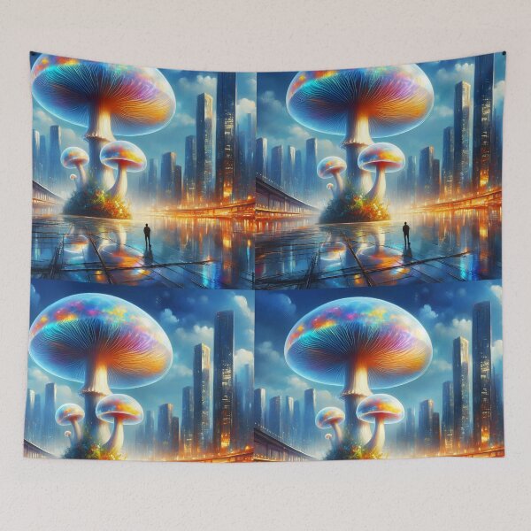 Item preview, Urban Bloom – Tall Translucent Fungi in a Futuristic City designed and sold by EmeraldeaArt.