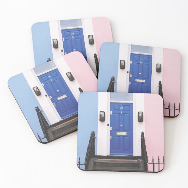 Item preview, London, England I Emblematic blue door of pastel house in Notting Hill with its pink and blue façade to classic Victorian minimalist geometric colorful londoner architecture of an urban street cityscape designed and sold by Julie Travel Photography.