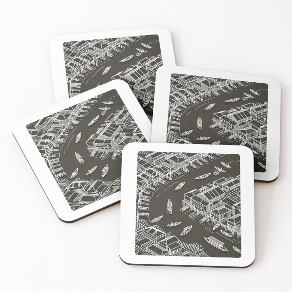 Item preview, Banjarmasin City Lake View Vector | Retro 80s Urban Scene with Waterfront Houses | Perfect for Travel & City Lovers designed and sold by knalpot-design.