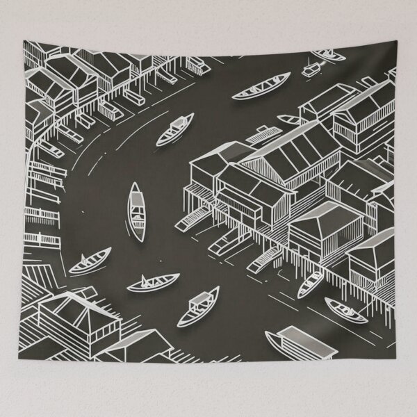 Item preview, Banjarmasin City Lake View Vector | Retro 80s Urban Scene with Waterfront Houses | Perfect for Travel & City Lovers designed and sold by knalpot-design.