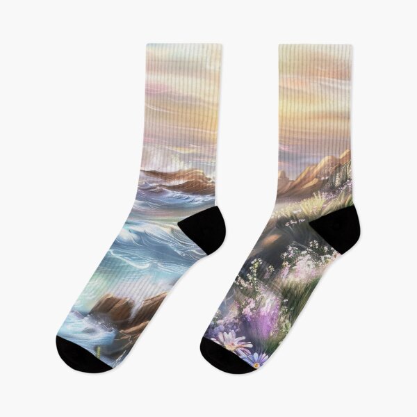 Item preview, Pastel Coastal Sunset, Watercolor Cliffside Ocean Landscape with Waves and Wildflowers designed and sold by MargaretWiktor.