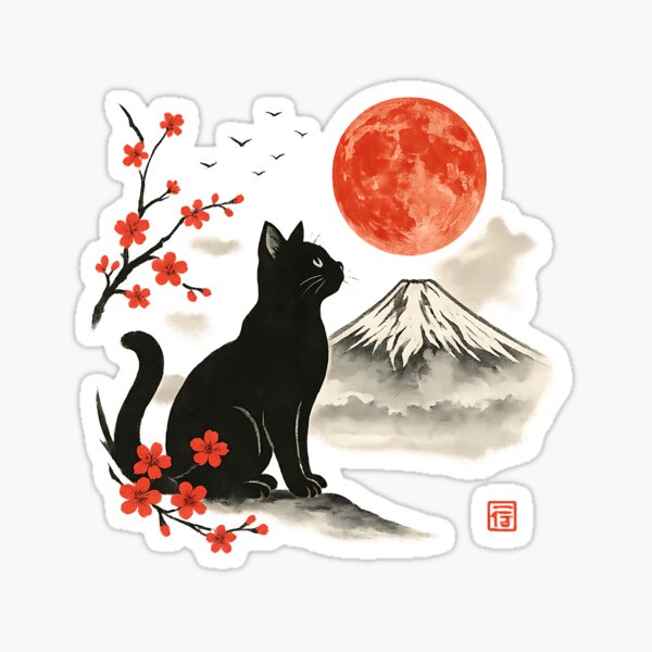Item preview, Black Cat Moon Graphic Tee Japanese Sakura Fuji Ink Painting Style designed and sold by cawtoon.
