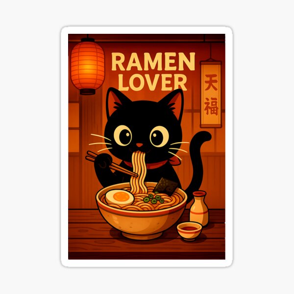 Item preview, Black Cat Eating Ramen Japanese Kawaii Adorable Cat Artwork designed and sold by cawtoon.