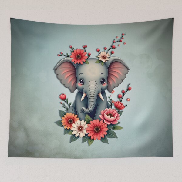 Item preview, A touch of summer: The baby elephant in a sea of ​​flowers.  designed and sold by nicky2342.