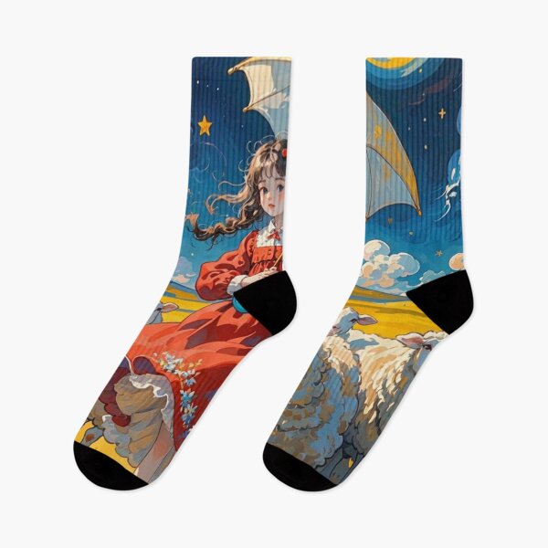 Item preview, A girl in a red dress holding an umbrella stands next to sheep - starry night designed and sold by valdoBEtrand.