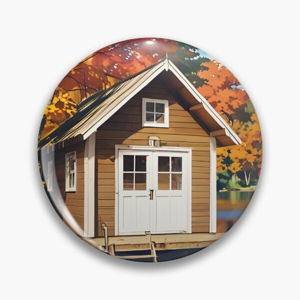 Item preview, A small wooden cabin by a lake, surrounded by autumn leaves designed and sold by johndesignwaves.