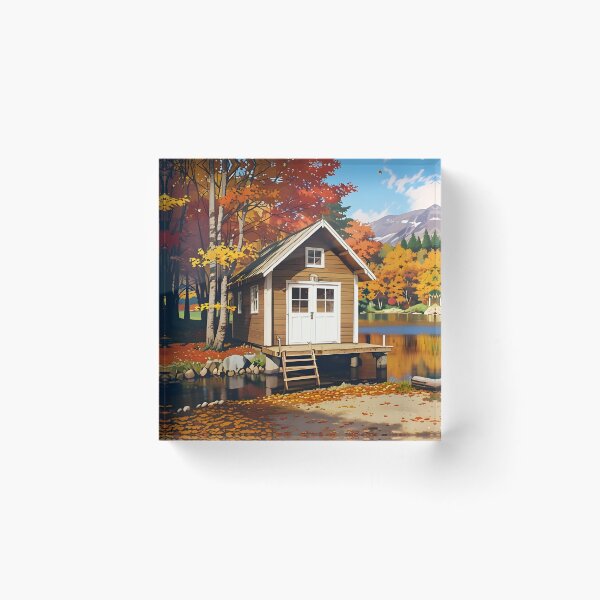Item preview, A small wooden cabin by a lake, surrounded by autumn leaves designed and sold by johndesignwaves.