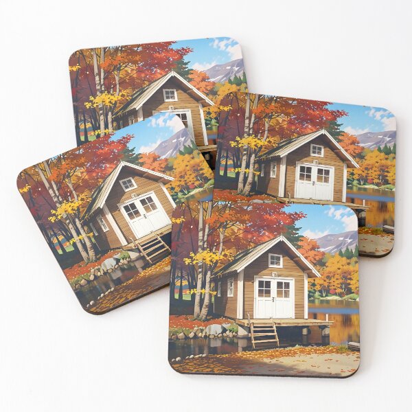 Item preview, A small wooden cabin by a lake, surrounded by autumn leaves designed and sold by johndesignwaves.