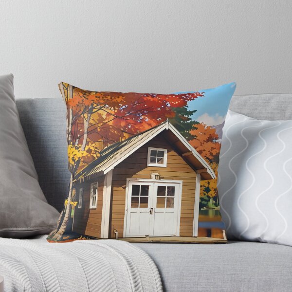 Item preview, A small wooden cabin by a lake, surrounded by autumn leaves designed and sold by johndesignwaves.