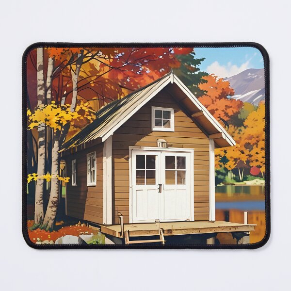 Item preview, A small wooden cabin by a lake, surrounded by autumn leaves designed and sold by johndesignwaves.