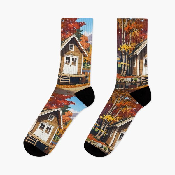 Item preview, A small wooden cabin by a lake, surrounded by autumn leaves designed and sold by johndesignwaves.