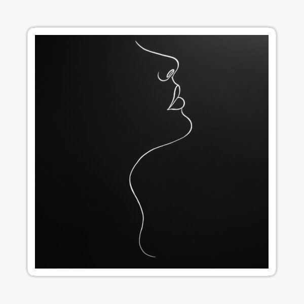 Minimalist Line Face Drawing – Elegant Female Silhouette in Profile on Black Background Sticker