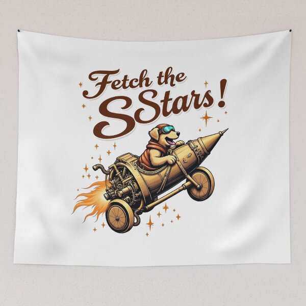 Item preview, Fetch the Stars! A Golden Retriever piloting a steampunk rocket funny puns designed and sold by Animalpetslover.