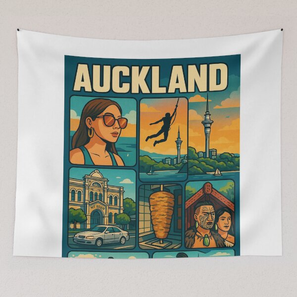 Item preview, Auckland Postcard – Colorful Illustrated City Collage designed and sold by Aryabek.