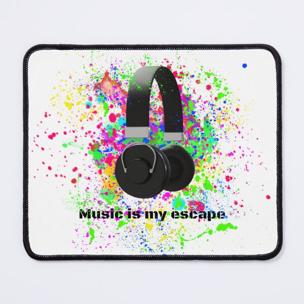 Item preview, 3D black headphones on a background of bright colored splashes with the text Music is my escape designed and sold by EchoOfSilence.