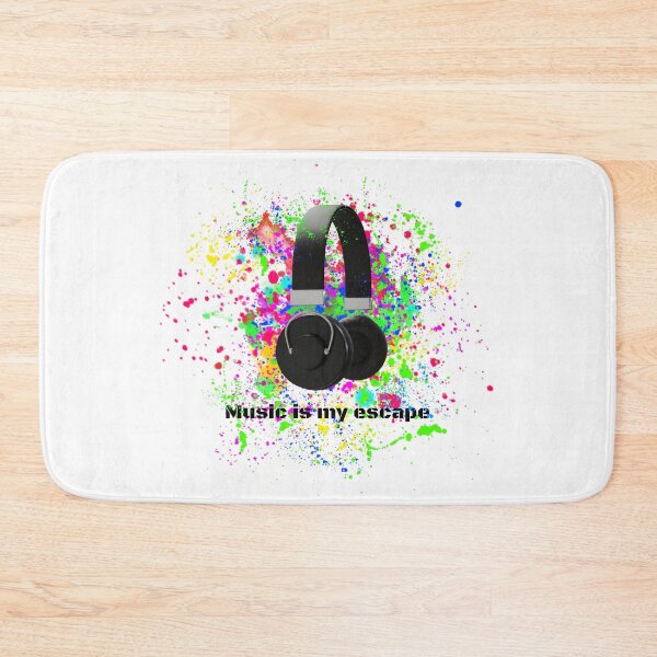 Item preview, 3D black headphones on a background of bright colored splashes with the text Music is my escape designed and sold by EchoOfSilence.