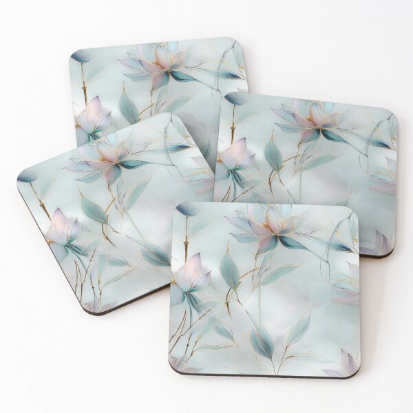 Item preview, Twilight Lotus – Soft Petals and Gold Branches in Misty Blue designed and sold by Moisky Patterns.