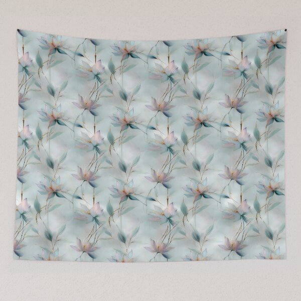 Item preview, Twilight Lotus – Soft Petals and Gold Branches in Misty Blue designed and sold by Moisky Patterns.
