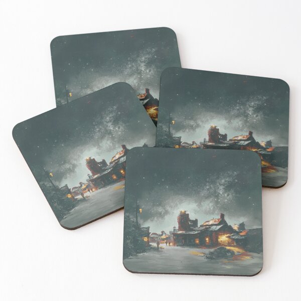 Item preview, The Starry Night of a small town covered in snow in dark grey evening designed and sold by MerryCrown.
