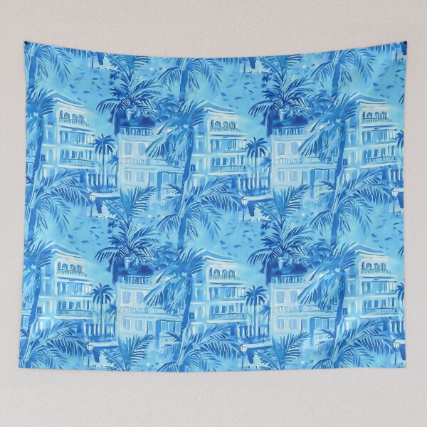 Item preview, Preppy French Riviera landscape toile blue watercolor designed and sold by SophieClimaArt.
