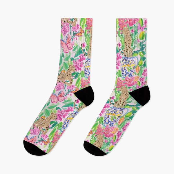 Item preview, Preppy cheetahs in chinoiserie garden with pink butterflies watercolir designed and sold by SophieClimaArt.