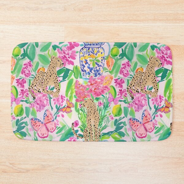 Item preview, Preppy cheetahs in chinoiserie garden with pink butterflies watercolir designed and sold by SophieClimaArt.