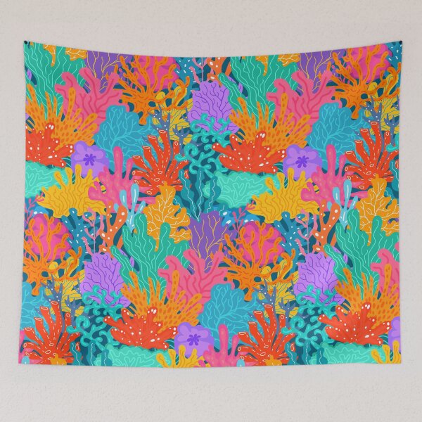 Item preview, Colorful vibrant marine underwater various corals in bright happy pink blue aqua teal purple orange yellow red designed and sold by artgeige.