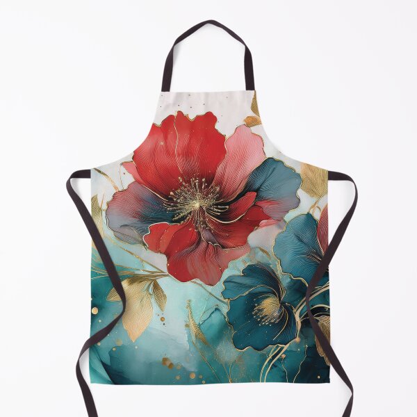 Item preview, Deep Red and Dark teal blue and gold VINTAGE FLOWERS, teal and white wildflower watercolour garden, deep teal alcohol ink effect, blue-green floral spring painting designed and sold by navitalidesign.