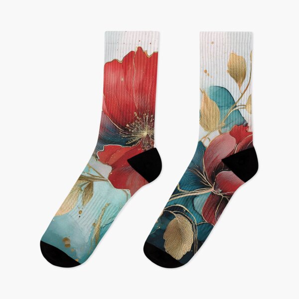 Item preview, Deep Red and Dark teal blue and gold VINTAGE FLOWERS, teal and white wildflower watercolour garden, deep teal alcohol ink effect, blue-green floral spring painting  designed and sold by navitalidesign.