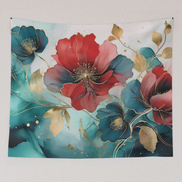 Item preview, Deep Red and Dark teal blue and gold VINTAGE FLOWERS, teal and white wildflower watercolour garden, deep teal alcohol ink effect, blue-green floral spring painting  designed and sold by navitalidesign.