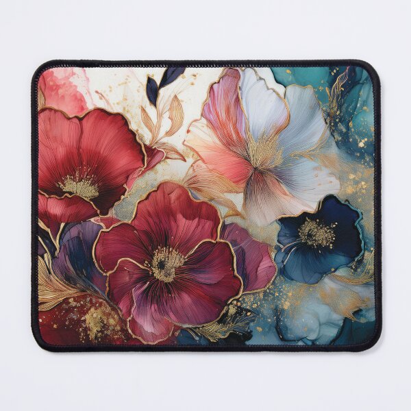 Item preview, Deep Red and Dark teal blue and gold VINTAGE FLOWERS 2, teal and white wildflower watercolour garden, deep teal alcohol ink effect, blue-green floral spring painting  designed and sold by navitalidesign.