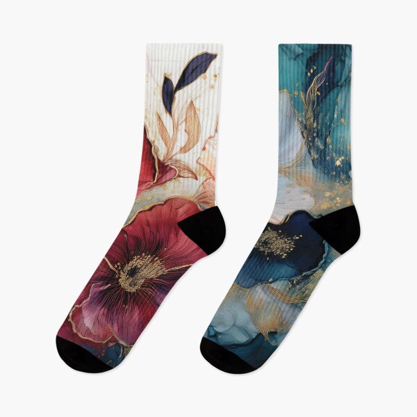 Item preview, Deep Red and Dark teal blue and gold VINTAGE FLOWERS 2, teal and white wildflower watercolour garden, deep teal alcohol ink effect, blue-green floral spring painting  designed and sold by navitalidesign.