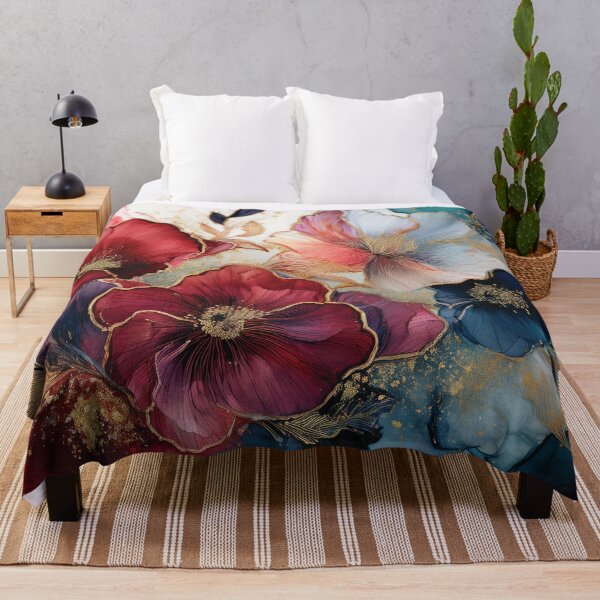 Item preview, Deep Red and Dark teal blue and gold VINTAGE FLOWERS 2, teal and white wildflower watercolour garden, deep teal alcohol ink effect, blue-green floral spring painting designed and sold by navitalidesign.