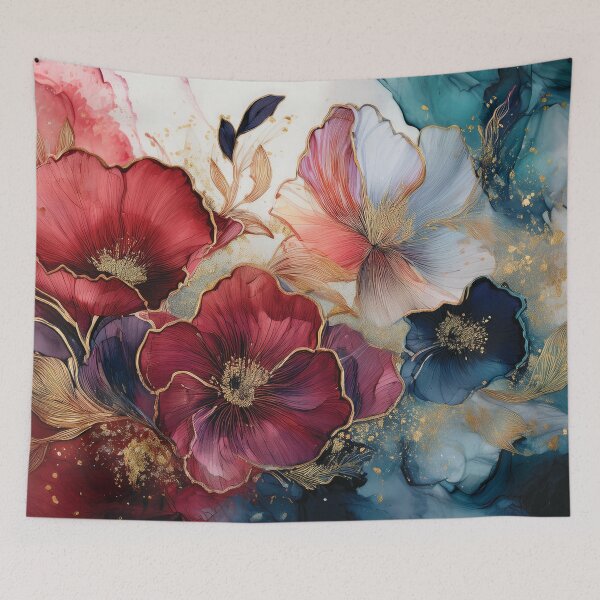 Item preview, Deep Red and Dark teal blue and gold VINTAGE FLOWERS 2, teal and white wildflower watercolour garden, deep teal alcohol ink effect, blue-green floral spring painting  designed and sold by navitalidesign.