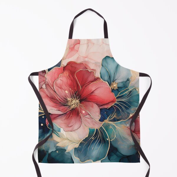 Item preview, Deep Red and Dark teal blue and gold VINTAGE FLOWERS 3, teal and white wildflower watercolour garden, deep teal alcohol ink effect, blue-green floral spring painting designed and sold by navitalidesign.