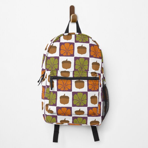 Item preview, autumn fall thanksgiving season cosy checkers with chestnut tree leaves and oak acorns in pumpkin orange earthy brown olive and green designed and sold by artgeige.