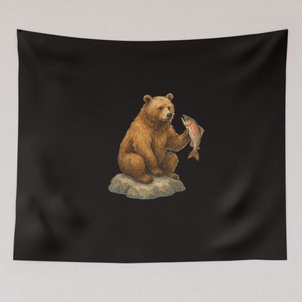 Item preview, Hungry Bear Catching Fish – Watercolor Nature Scene designed and sold by Gym & Chaos.
