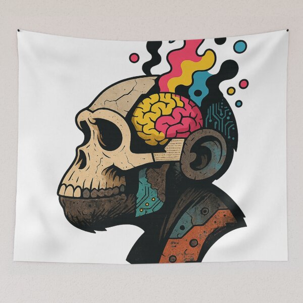 Item preview, Monkey Thinker – Neon Brain, Digital Skull, Eternal Thought designed and sold by VIBE CRAFT STUDIO.